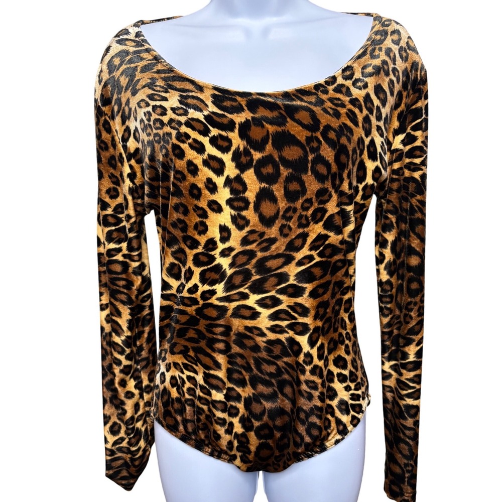 VTG Y2K NEWPORT NEWS Brown Velvet Leopard Long Sleeve Bodysuit M Mob Wife Grunge